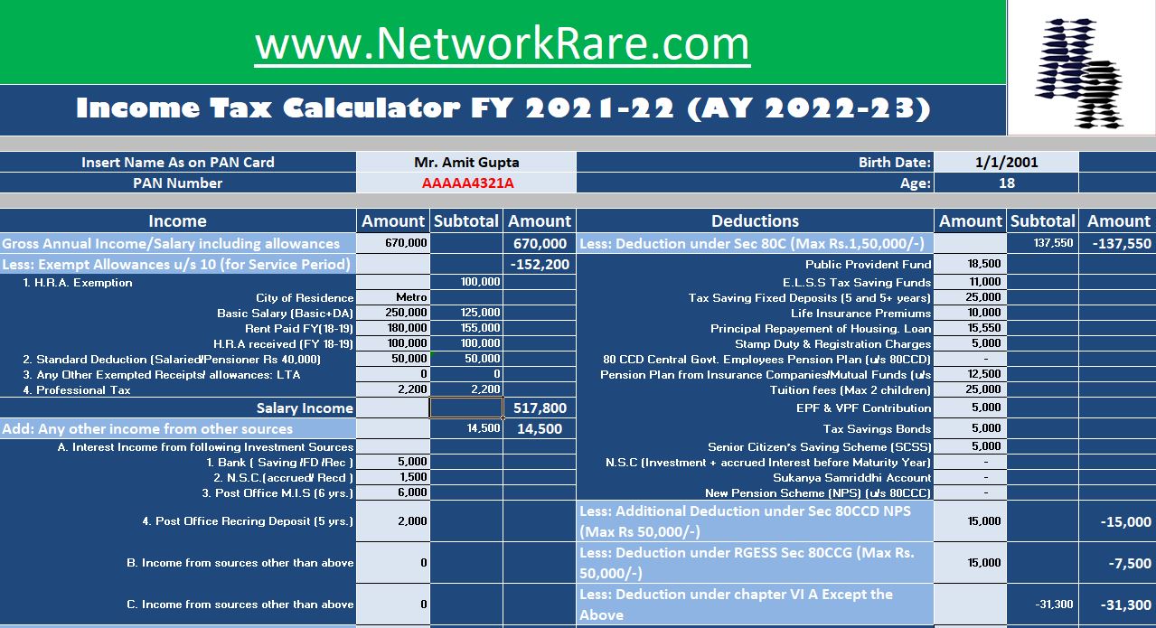 Tax Calculator FY 202223 Excel Sheet Download Network Rare